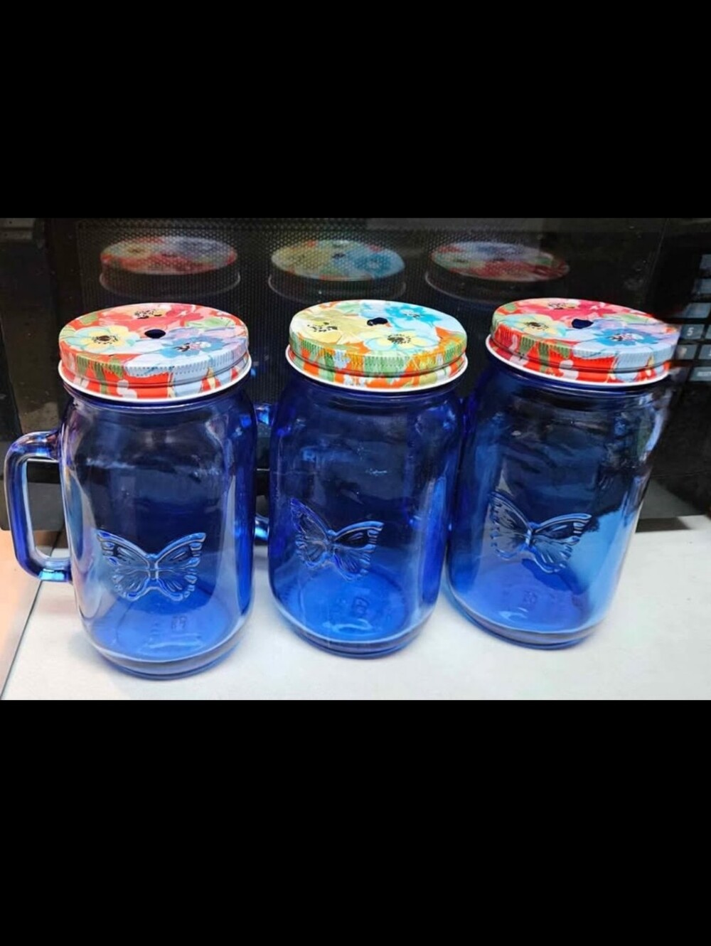 3 Pioneer Woman Cobalt Blue Glass Mason Drinking Jar Mug Cup Floral Lid Set